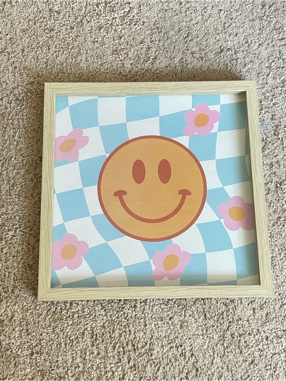Retro 70s Y2K Groovy Checkered Smiley Face Floral Framed Wall Art